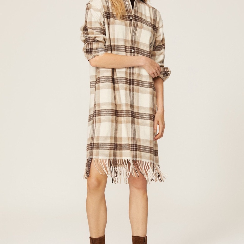 Polo‎ Ralph Lauren Cream Brown Plaid Midi Fringe Shirt Dress, Size 2 NWT
